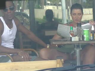 Cheating Wife &num;4 Part 3 - Hubby films me outside a cafe Upskirt Flashing and having an Interracial affair with a Black Man&excl;&excl;&excl;